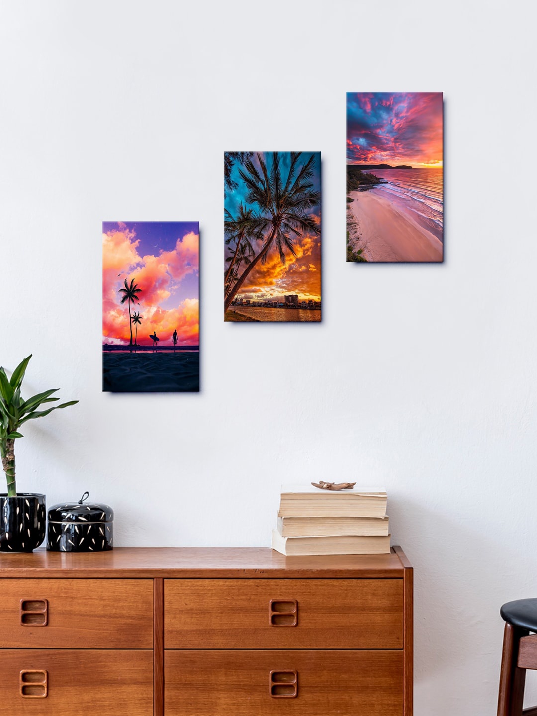 

999Store Brown & Blue Set Of 3 Beach Sunset With Palm Trees Painting Framed Wall Art