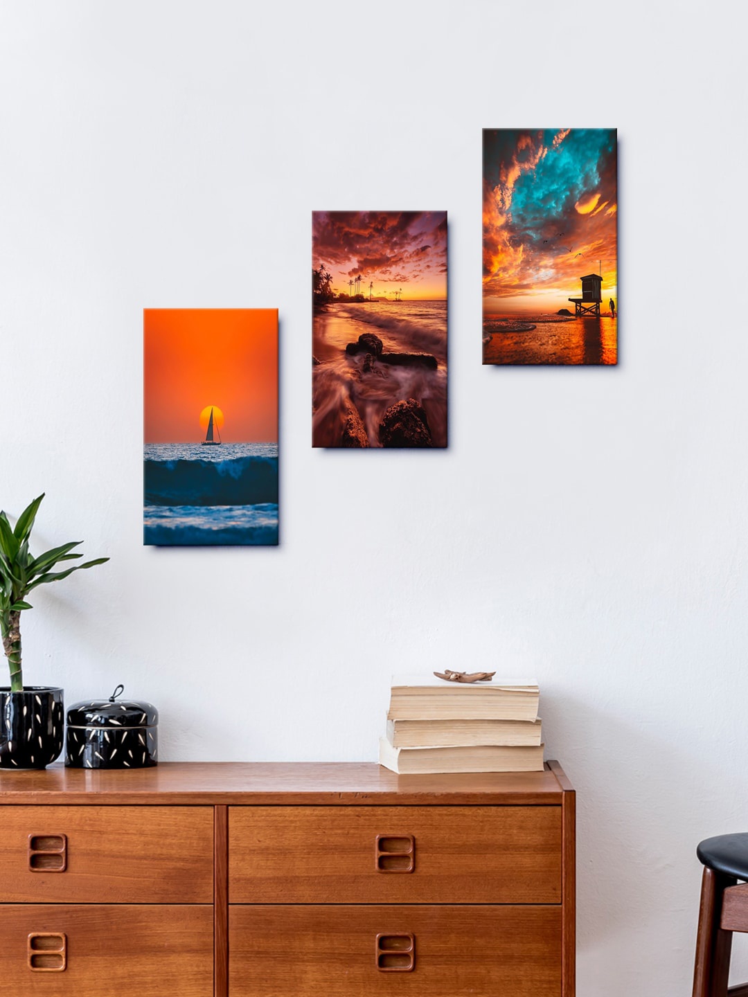 

999Store Set Of 3 Brown & Blue Beautiful Sunset Scenery Beach Wall Paintings