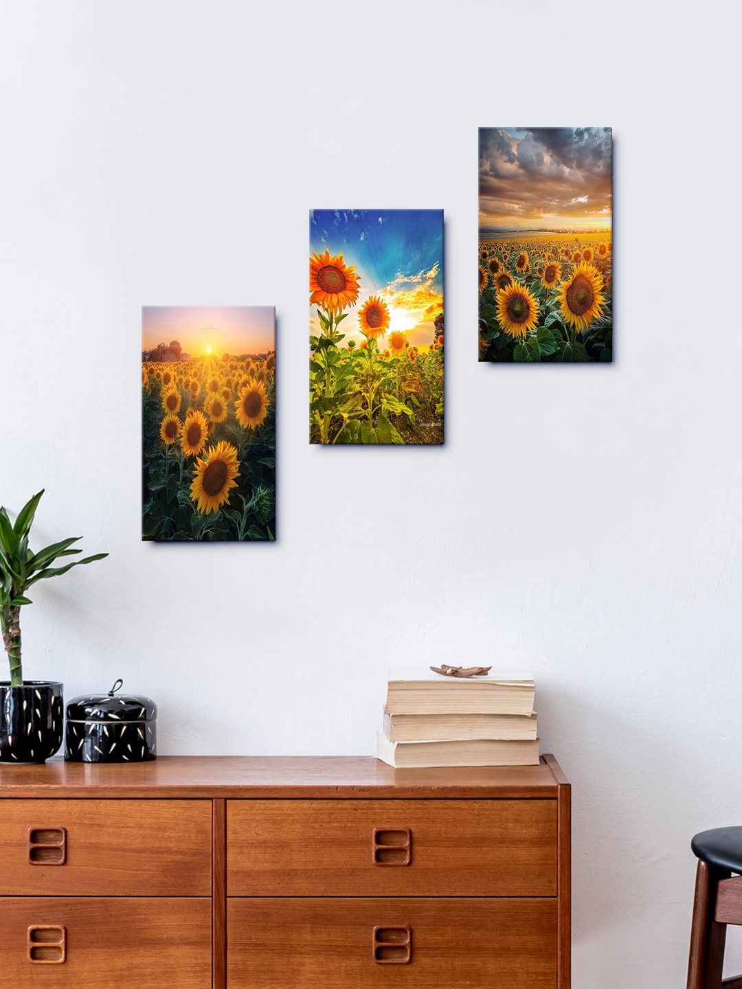 

999Store Set Of 3 Sunflower Before The Sunsets Framed Wall Arts, Green