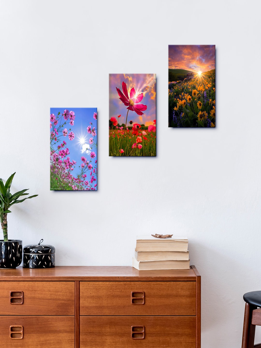 

999Store Sunflower Hibiscus Sunsets Wall Painting Set Of 3 Frames, Multi