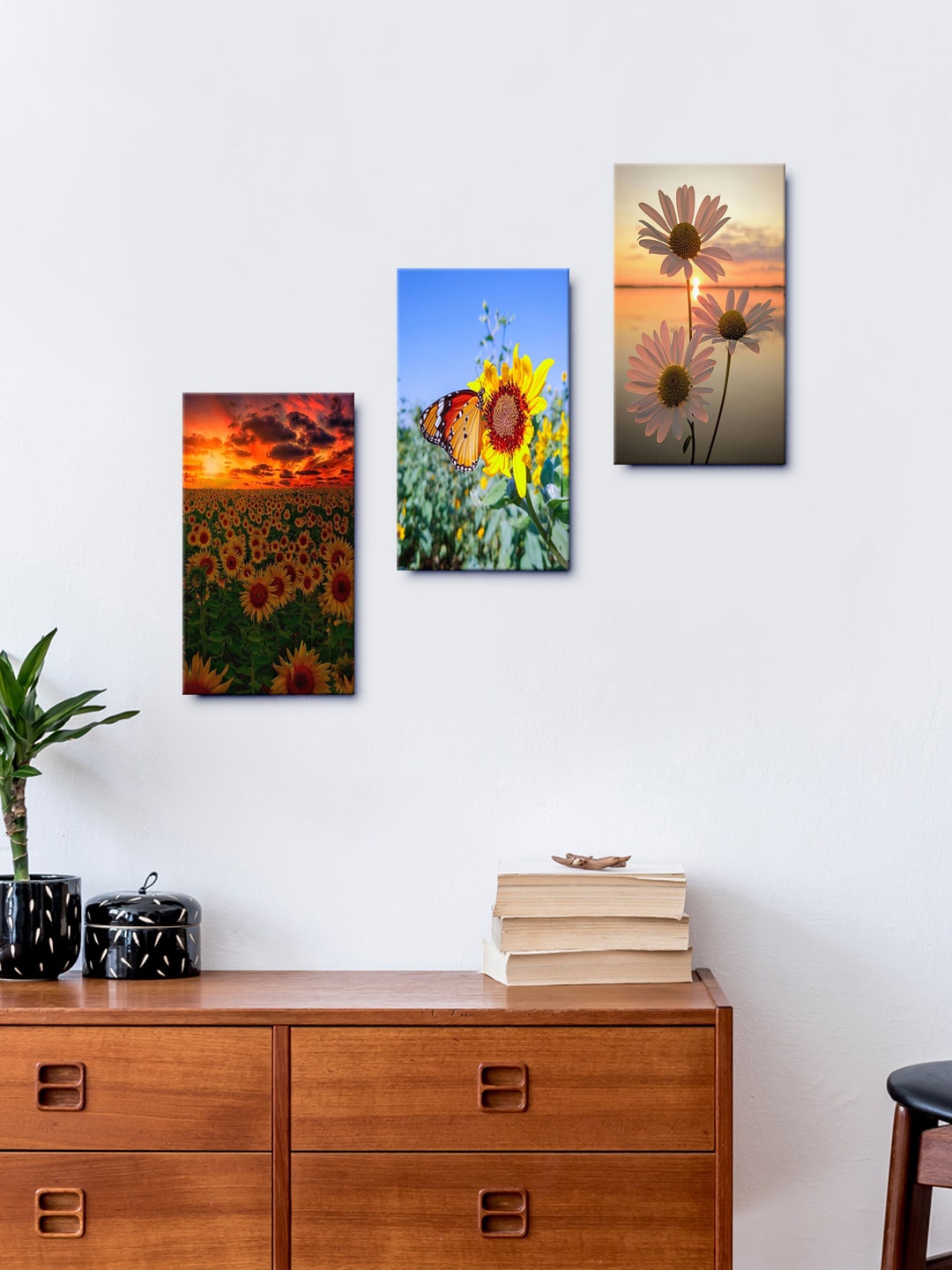

999Store Set Of 3 Sunflower AT Sunset Framed Wall Arts, Yellow