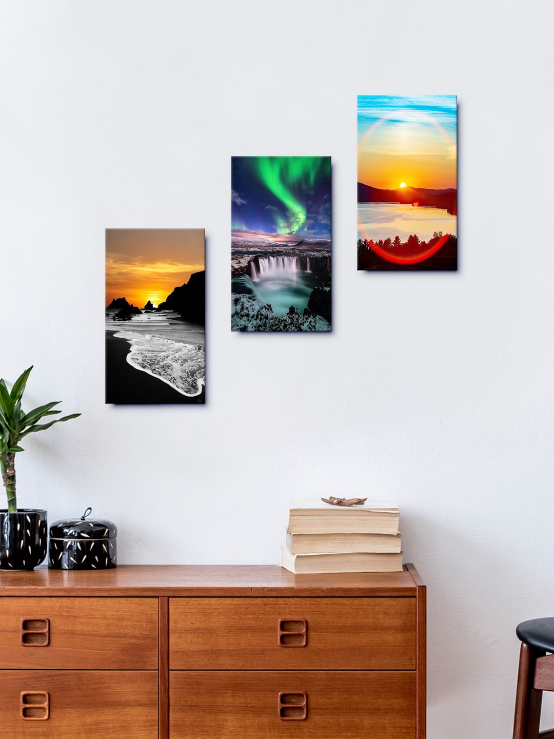 

999Store Set Of 3 Multicoloured Waterfall At Sunset With Mountain Painting Framed Wall Art, Multi