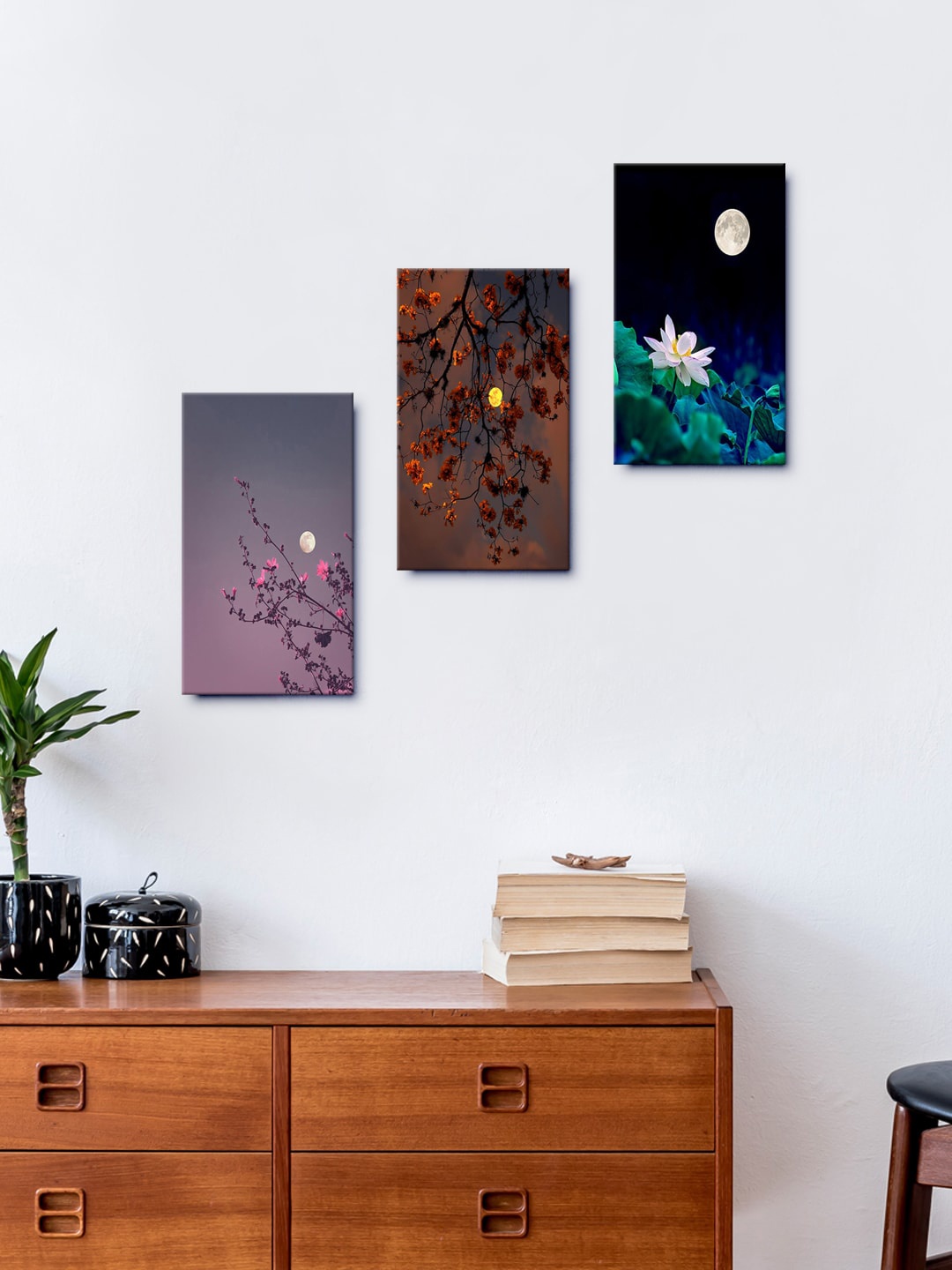 

999Store Set of 3 Brown & Purple Rising Moon Ocean And Mountains Sky Wall Painting Frames