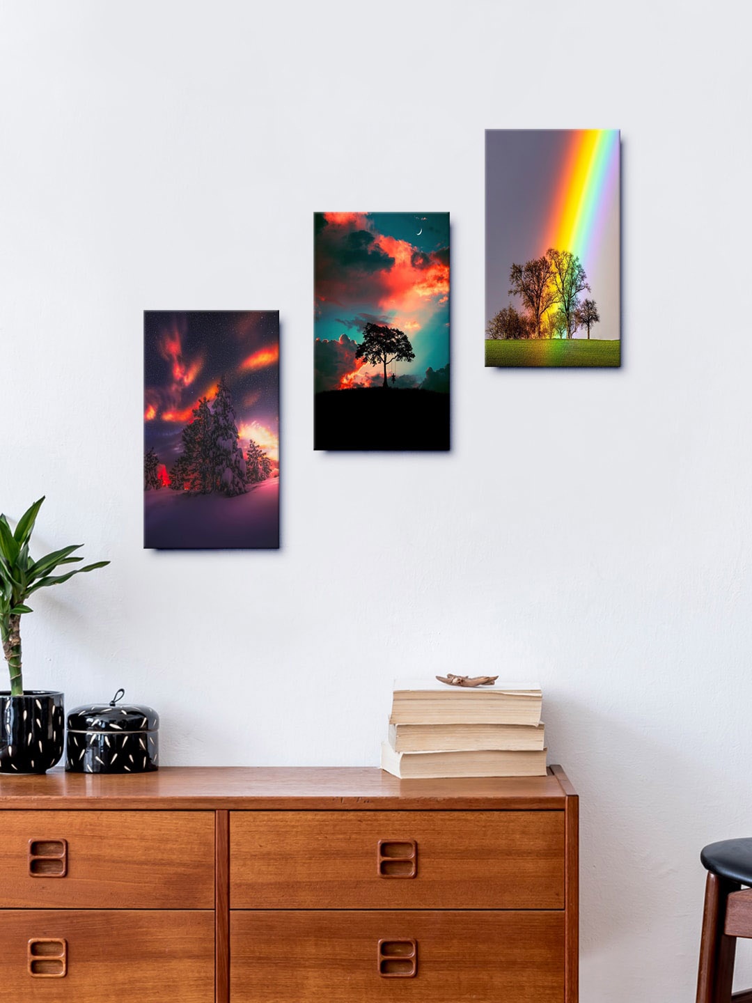 

999Store Multicoloured Set Of 3 Landscape With Rainbow Wall Painting Frames, Multi