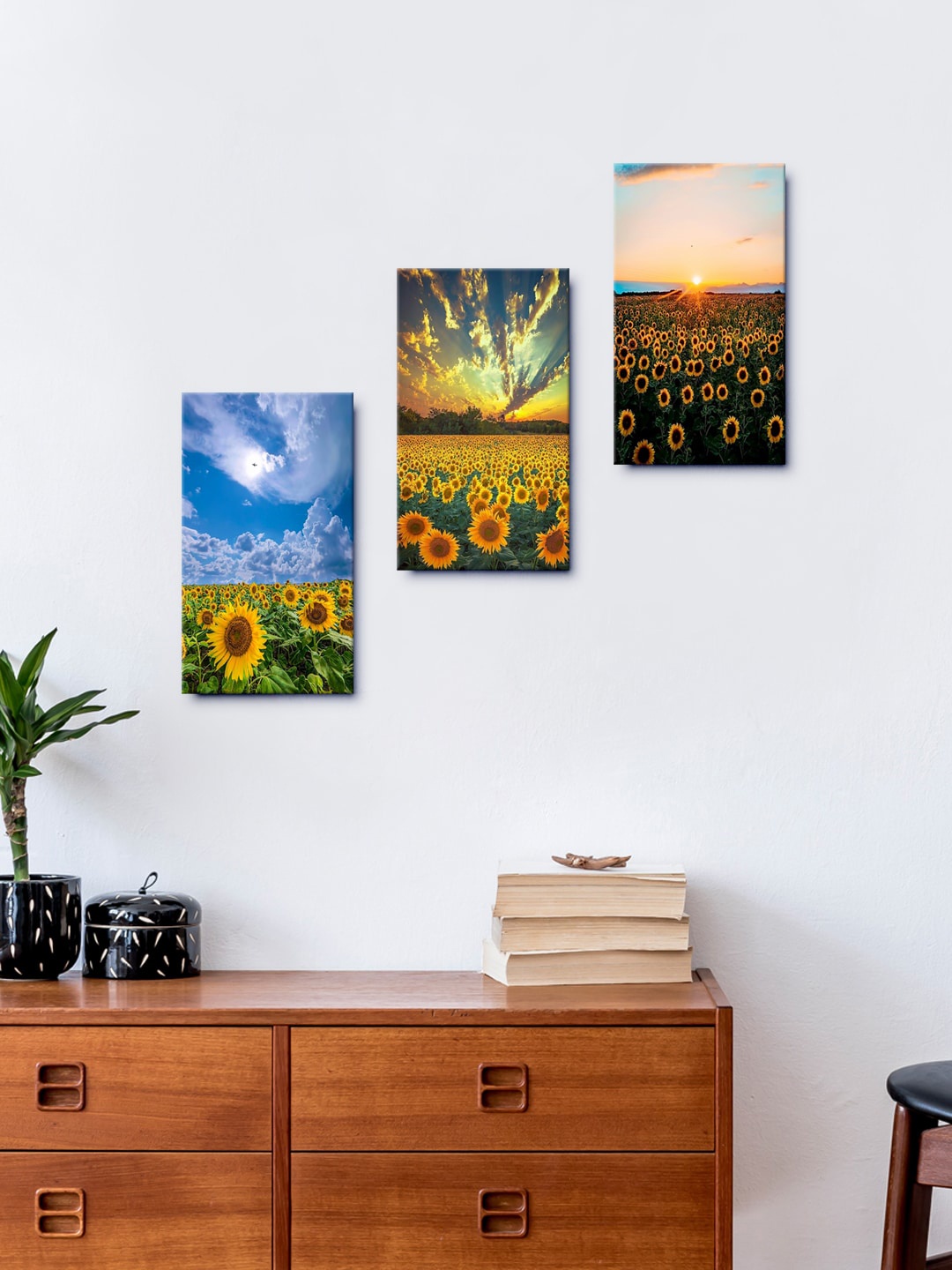 

999Store Set Of 3 The Rising Sun Over The Sunflowers Framed Wall Arts, Green