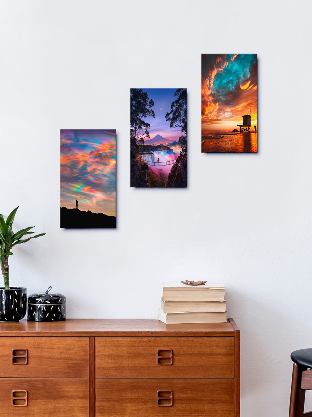

999Store Set Of 3 Beautiful Orange & Purple View Of The Sky From The City Framed Wall Arts