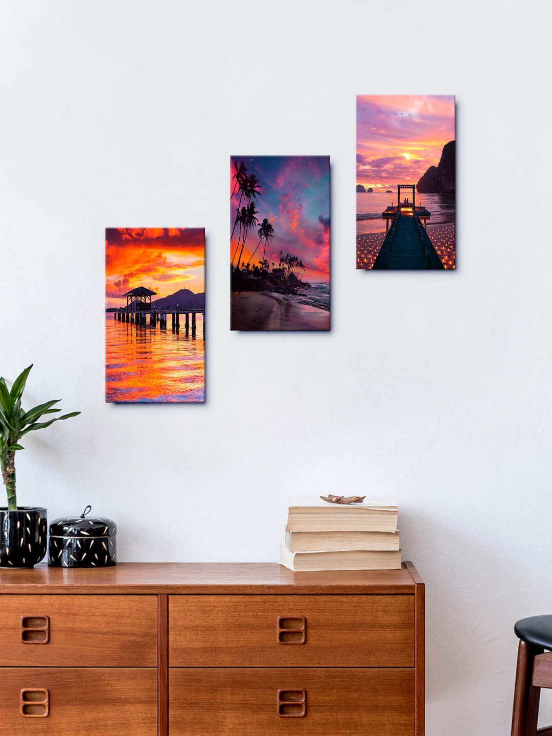 

999Store Beautiful Sunset On The Beach Wall Painting Set Of 3 Frames, Brown