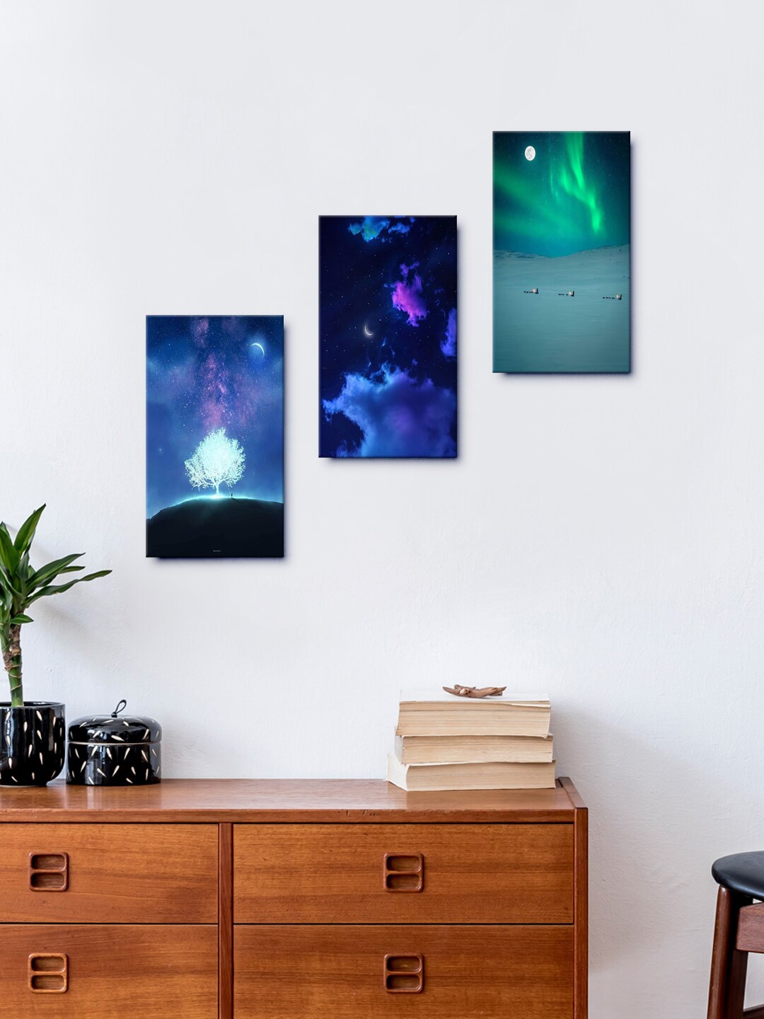 

999Store Set Of 3 Blue Sky Moon Meets Night Beautiful View Wall Painting