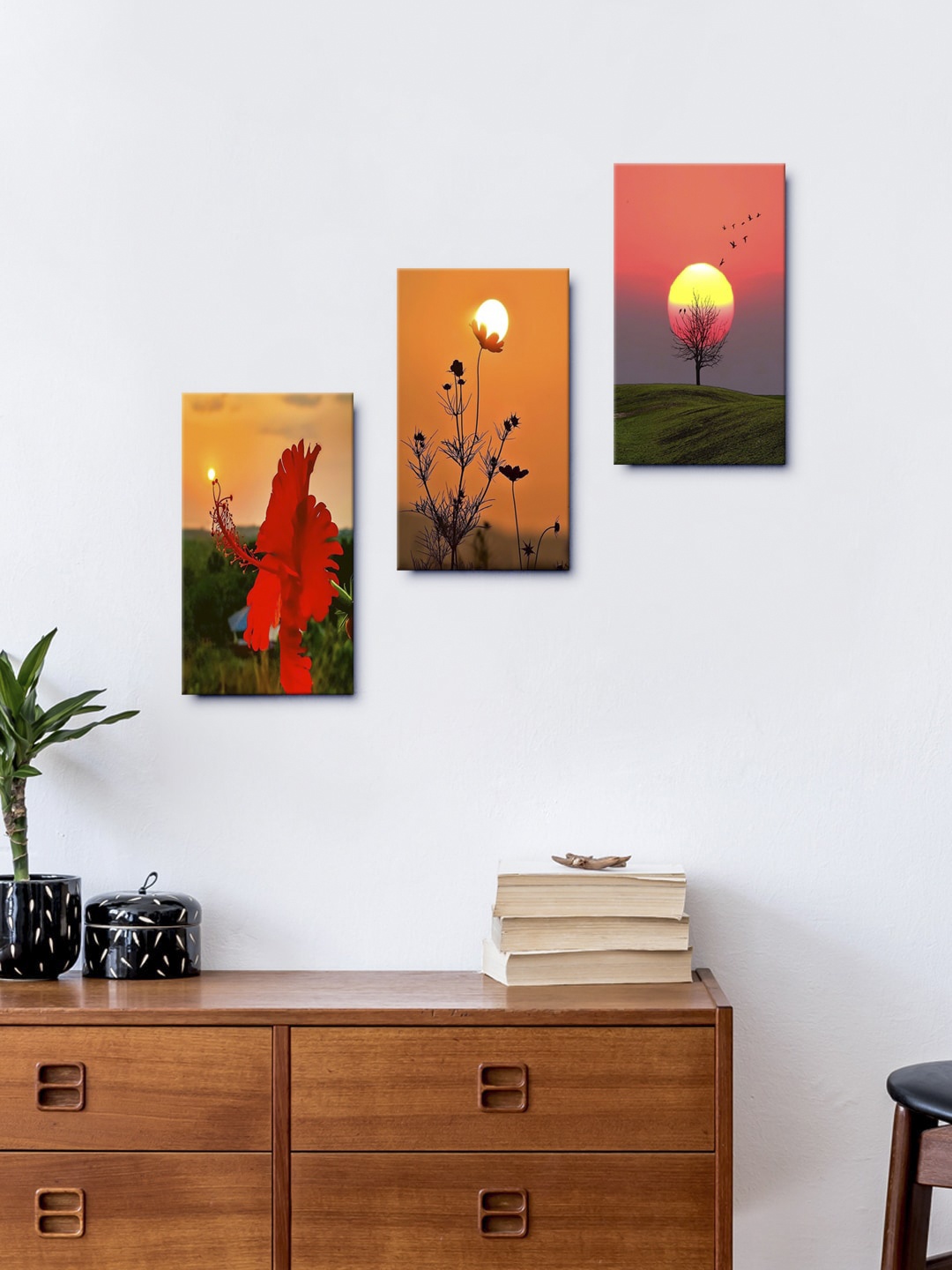 

999Store Set Of 3 Rising Sun Sky Over Beautiful Flower Framed Wall Arts, Orange