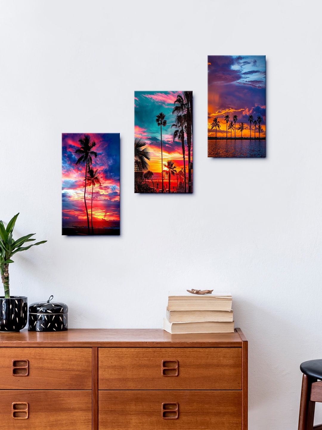 

999Store Set Of 3 Multi Nature Sunset Beach Coconut Tree Wall Painting
