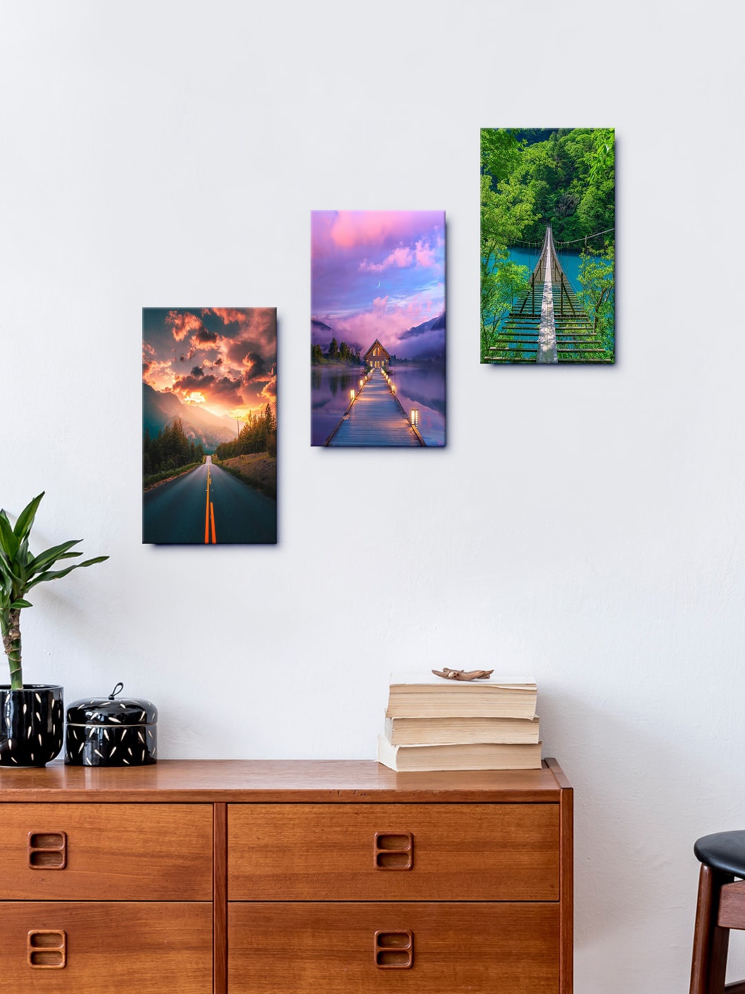 

999Store Set Of 3 Beautiful View Of The Road Leading Framed Wall Arts, Green