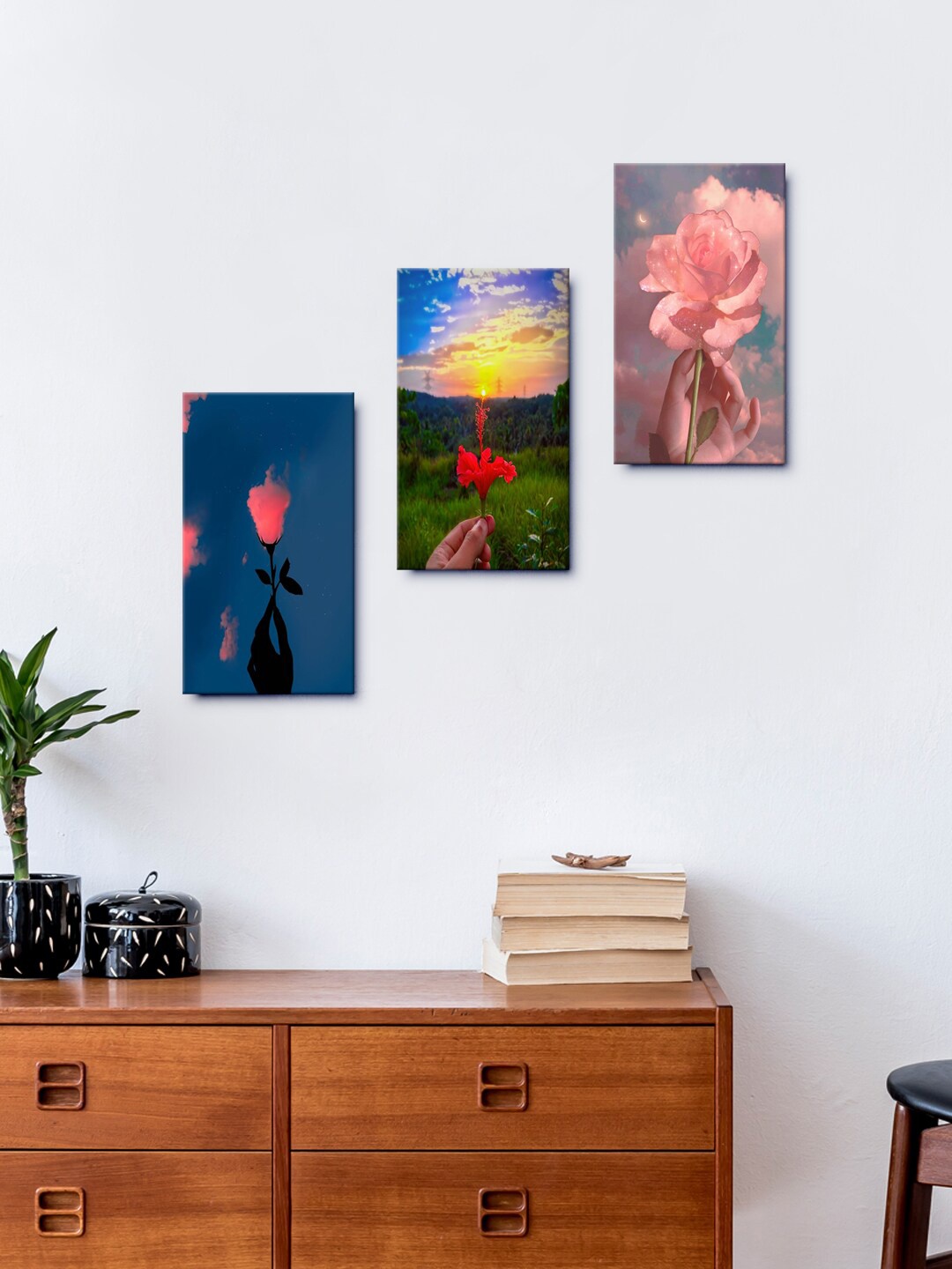 

999Store Set Of 3 Beautiful Flower At Sunset Framed Wall Arts, Pink