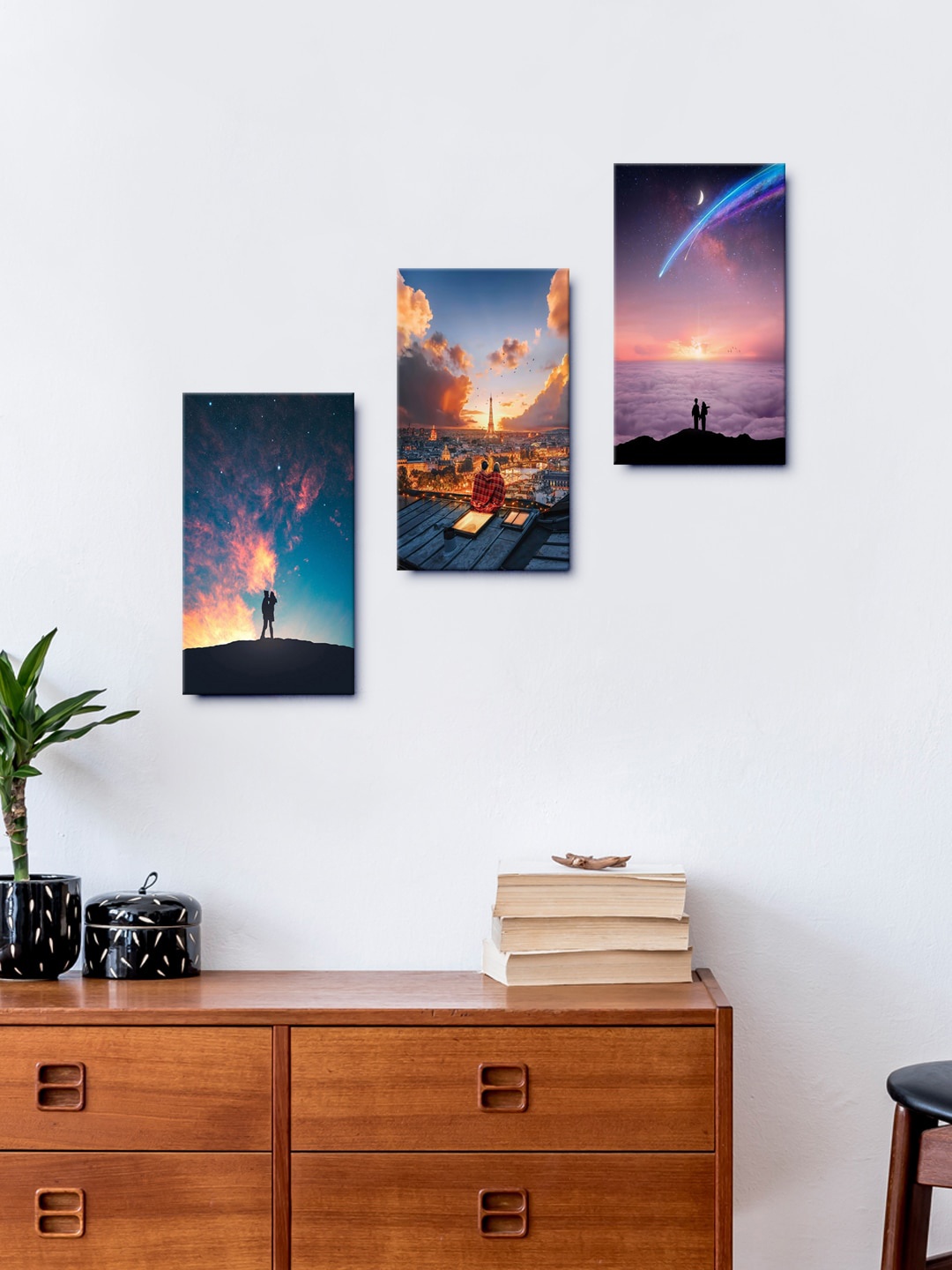 

999Store Set Of 3 Moon Love Couple Night Sky Framed Wall Arts, Blue