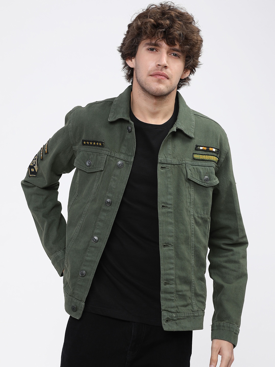 

HIGHLANDER Men Olive Green Denim Jacket with Embroidered