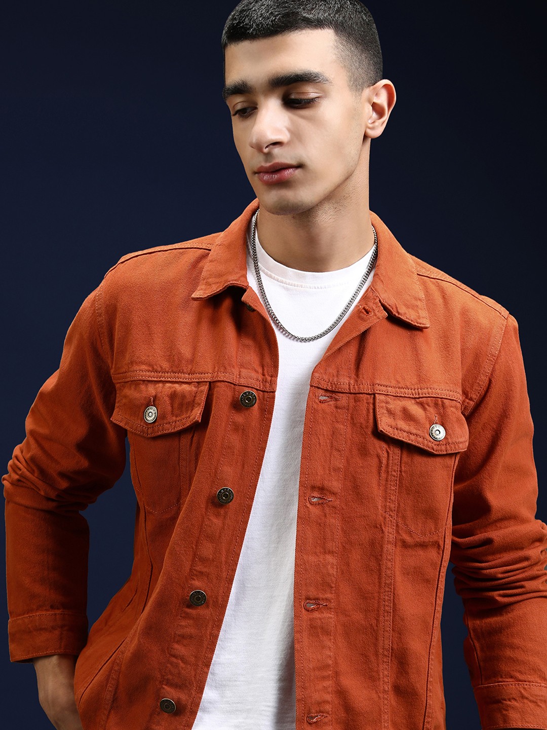 

HIGHLANDER Men Rust Washed Denim Jacket with Patchwork