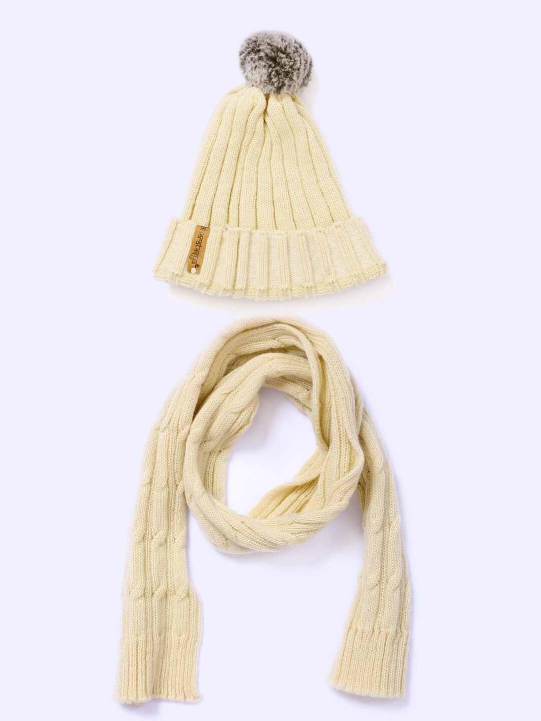 

Bharatasya Women Cream-Coloured Beanie Pom-Pom Cap & Muffler Set