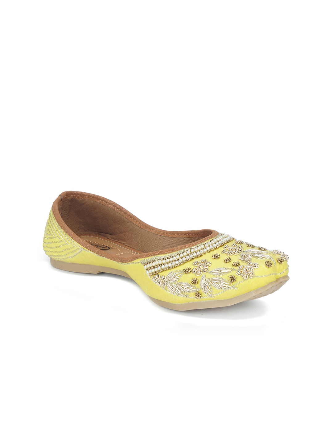 

The Desi Dulhan Women Yellow Embellished Leather Ethnic Mojaris Flats
