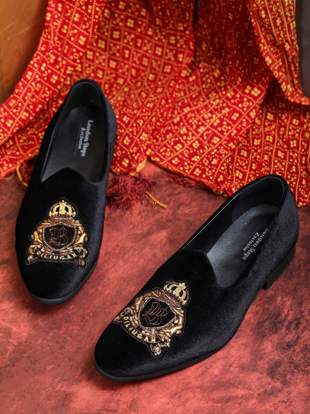 

LONDON STEPS Men Black Embroidered Suede Slip-Ons