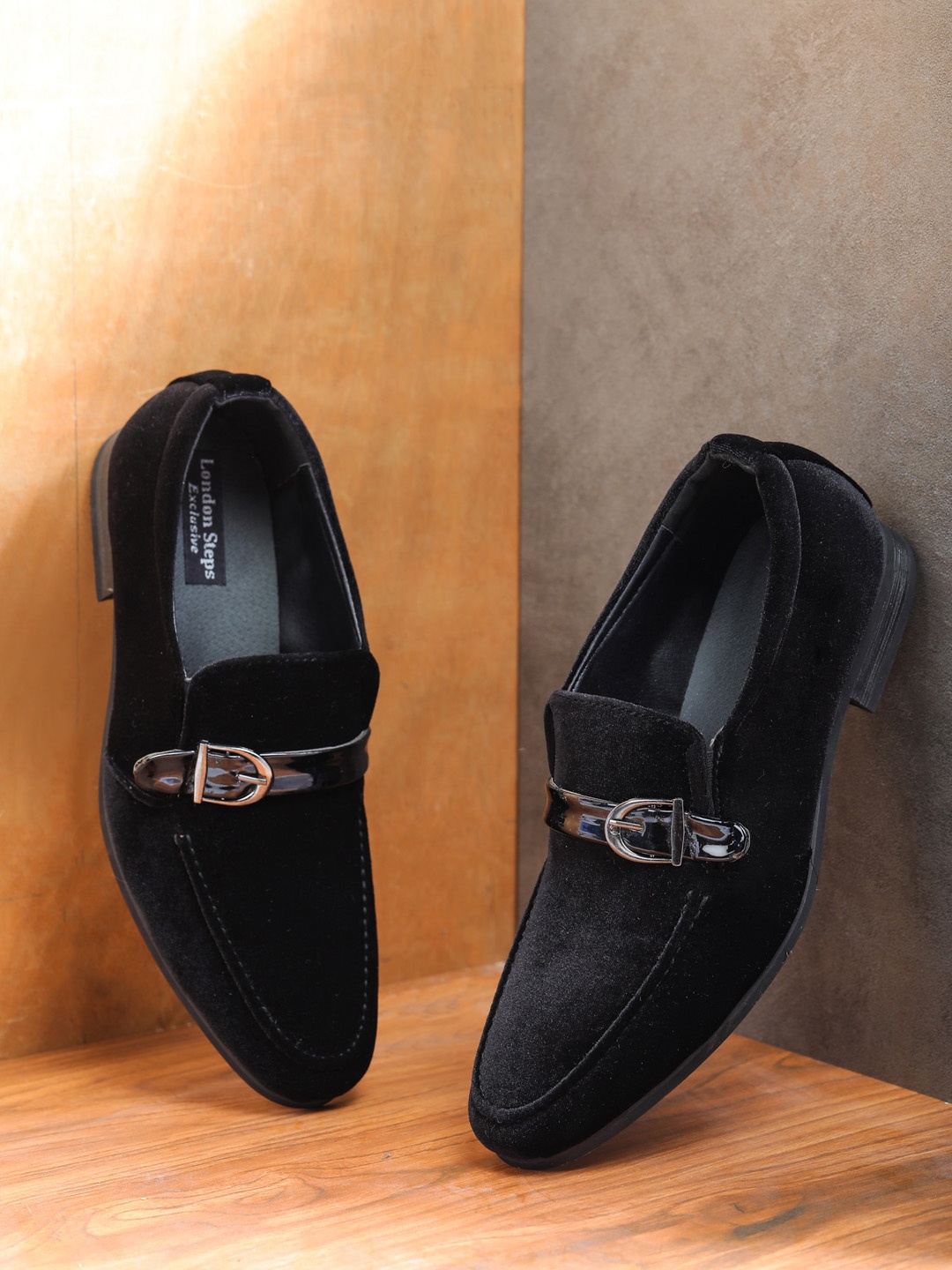

LONDON STEPS Men Black Solid Formal Slip-Ons