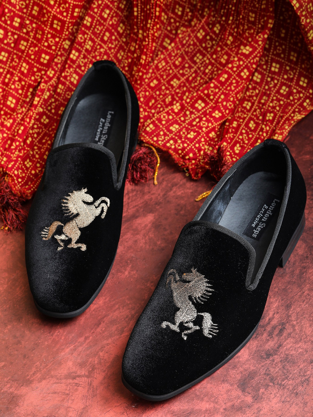 

LONDON STEPS Men Black Suede Embellished Formal Slip-On Shoes