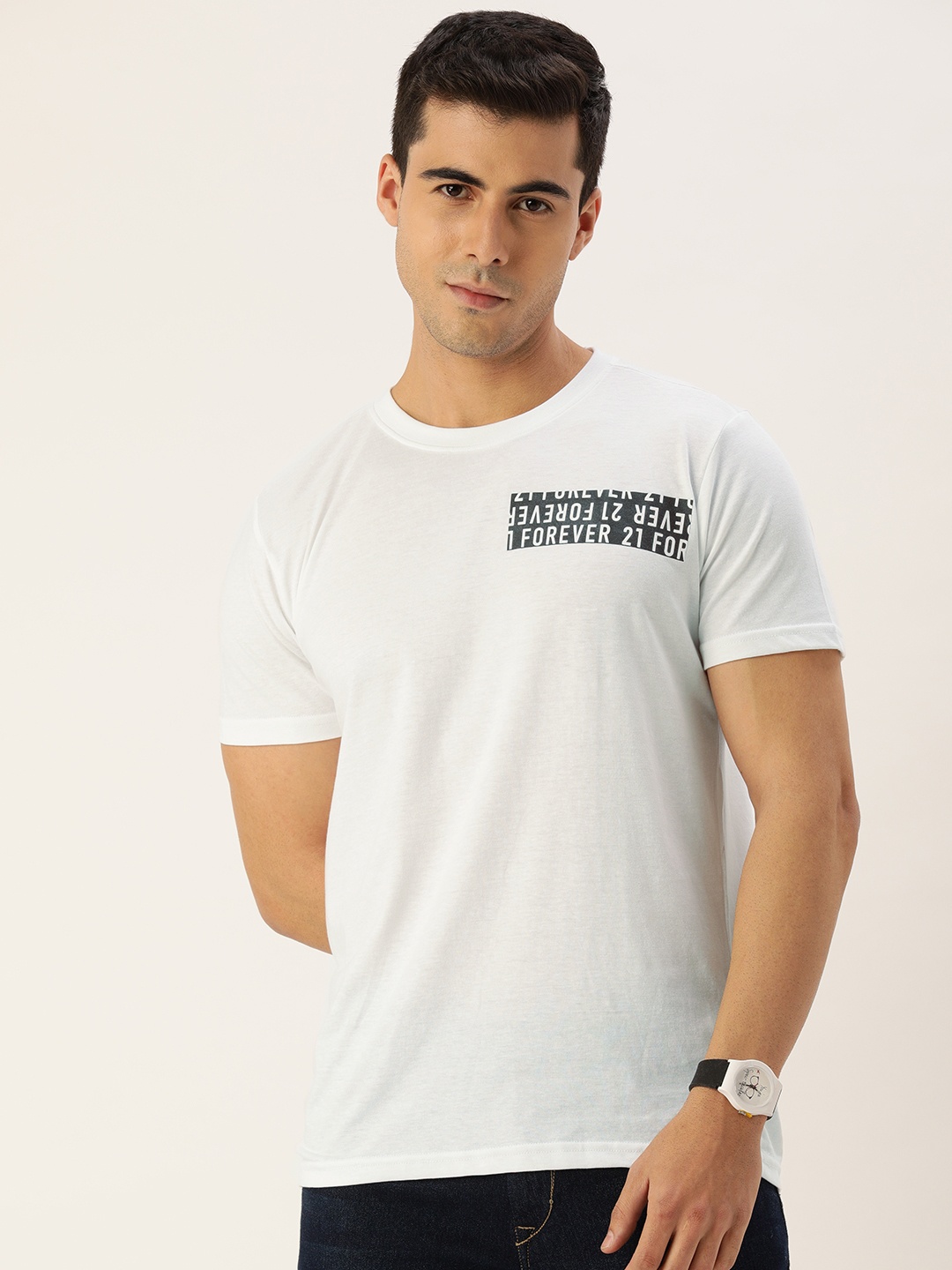 

FOREVER 21 Men White Typography Printed Round-Neck Casual T-shirt