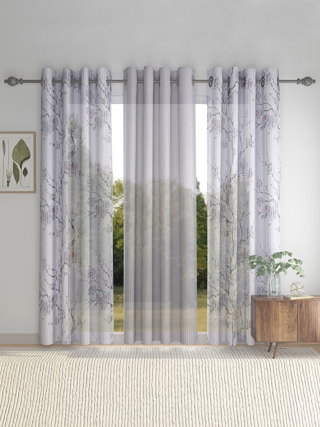 

HOSTA HOMES Set Of 3 Grey & White Floral Printed Long Door Curtain