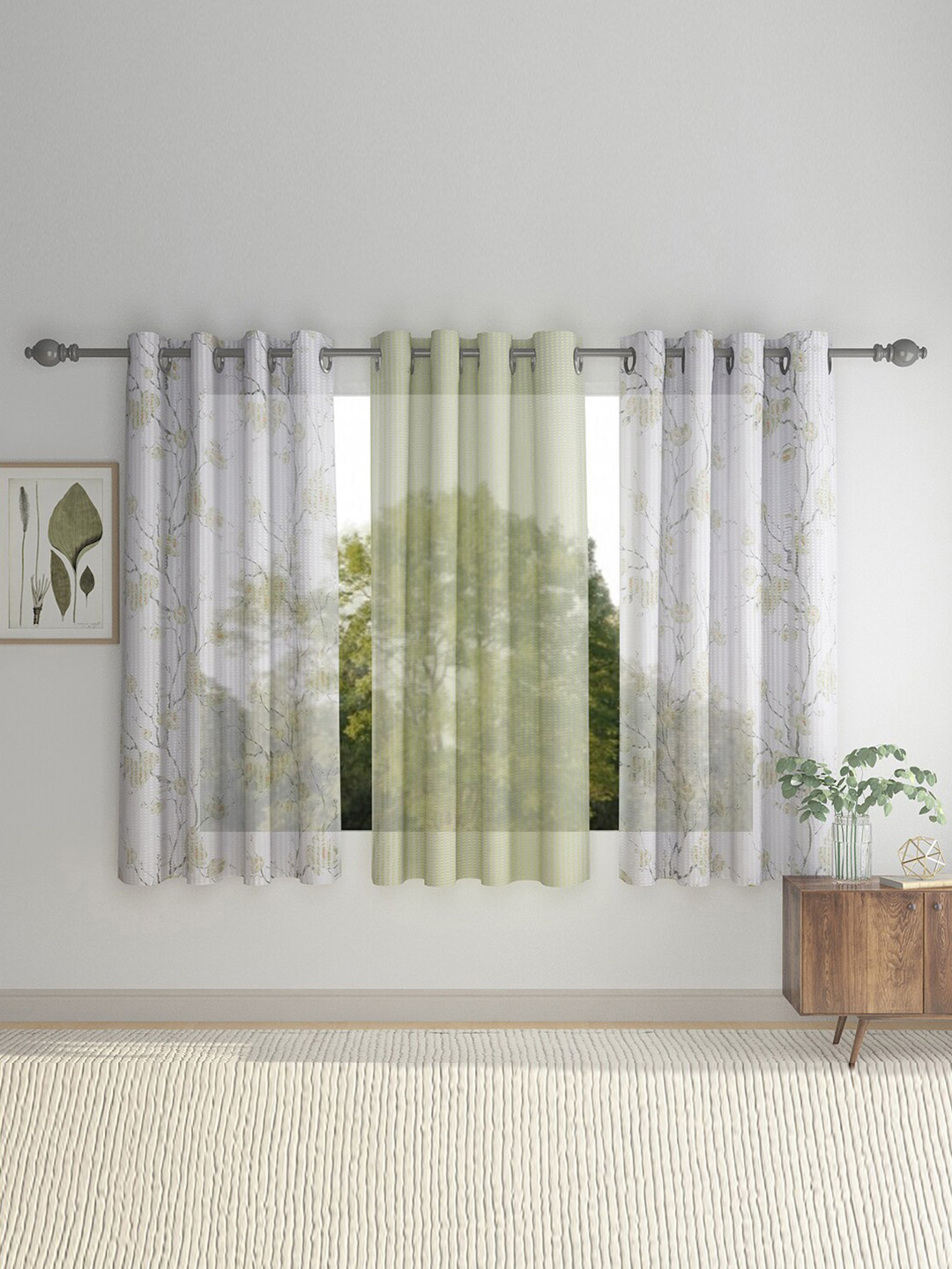 

HOSTA HOMES Set Of 3 Green & Off White Floral Printed Window Curtain