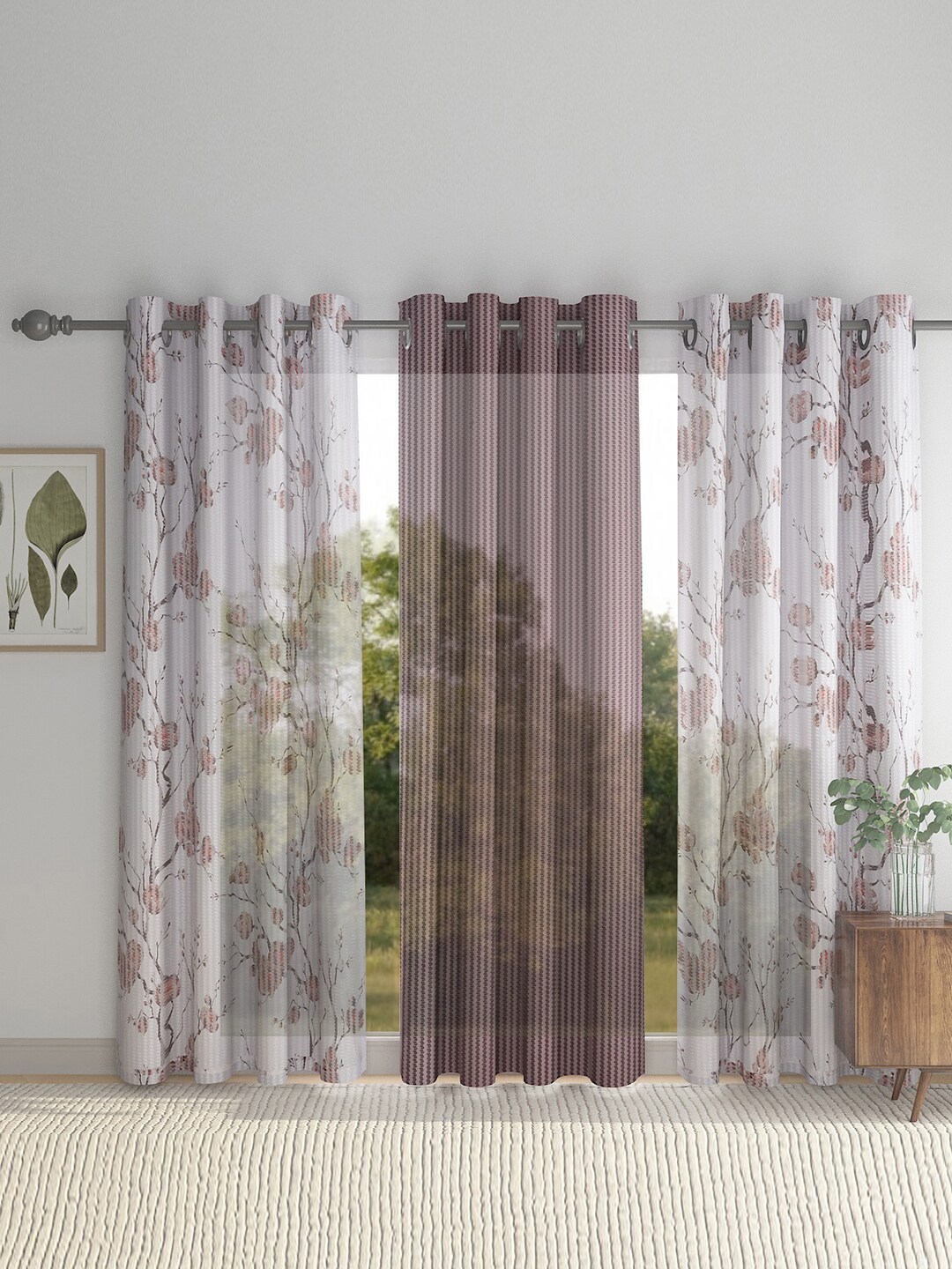

HOSTA HOMES Brown & Off White Set of 3 Floral Door Curtain
