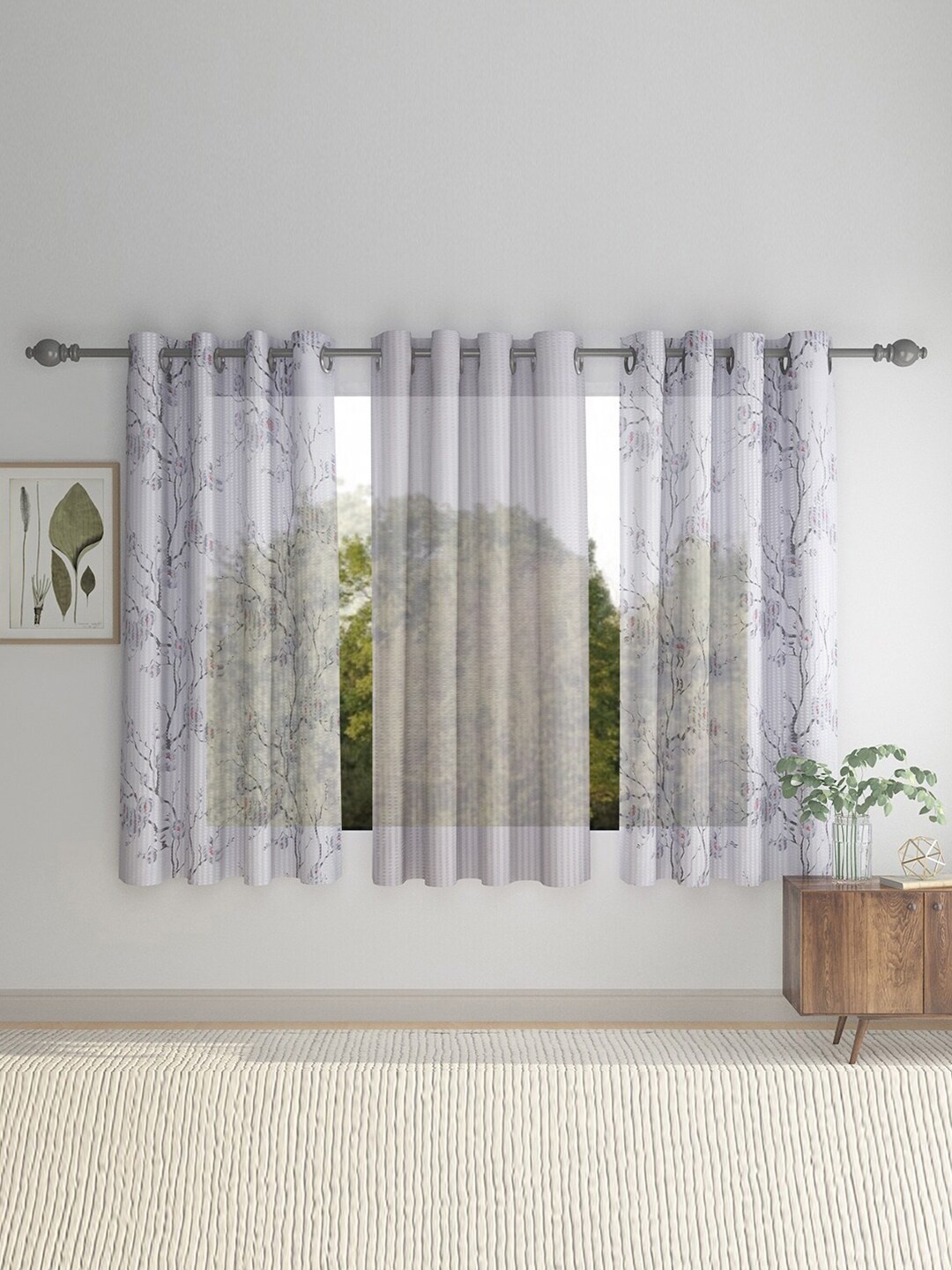 

HOSTA HOMES Grey & Off White Set of 3 Floral Window Curtain