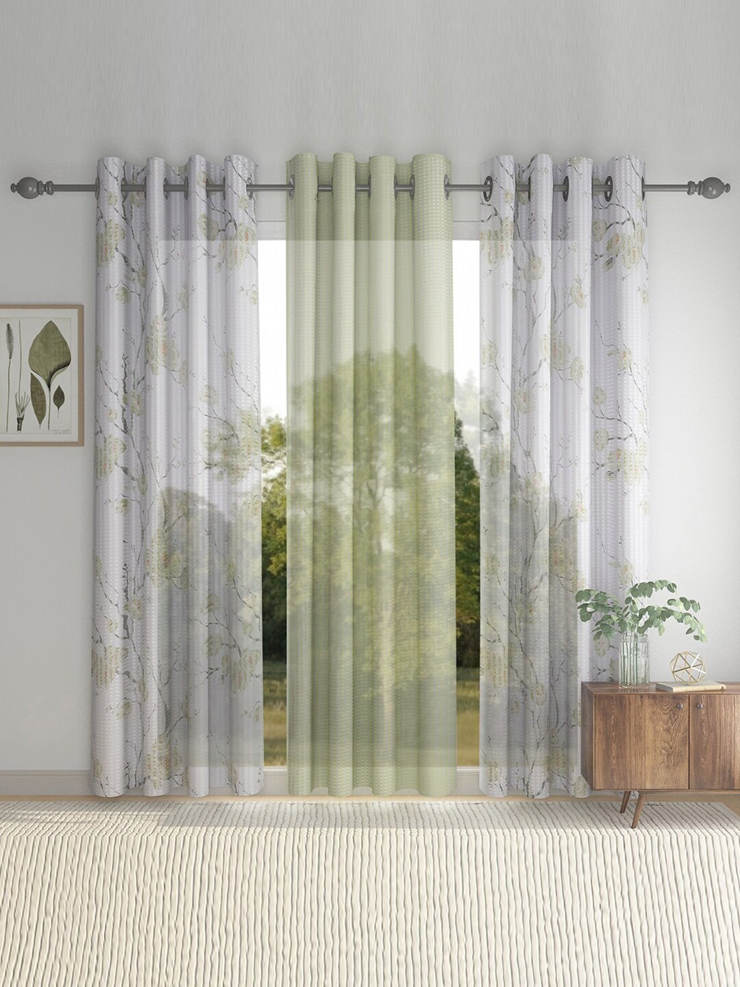 

HOSTA HOMES Set of 3 Green & Off White Floral Long Door Curtain