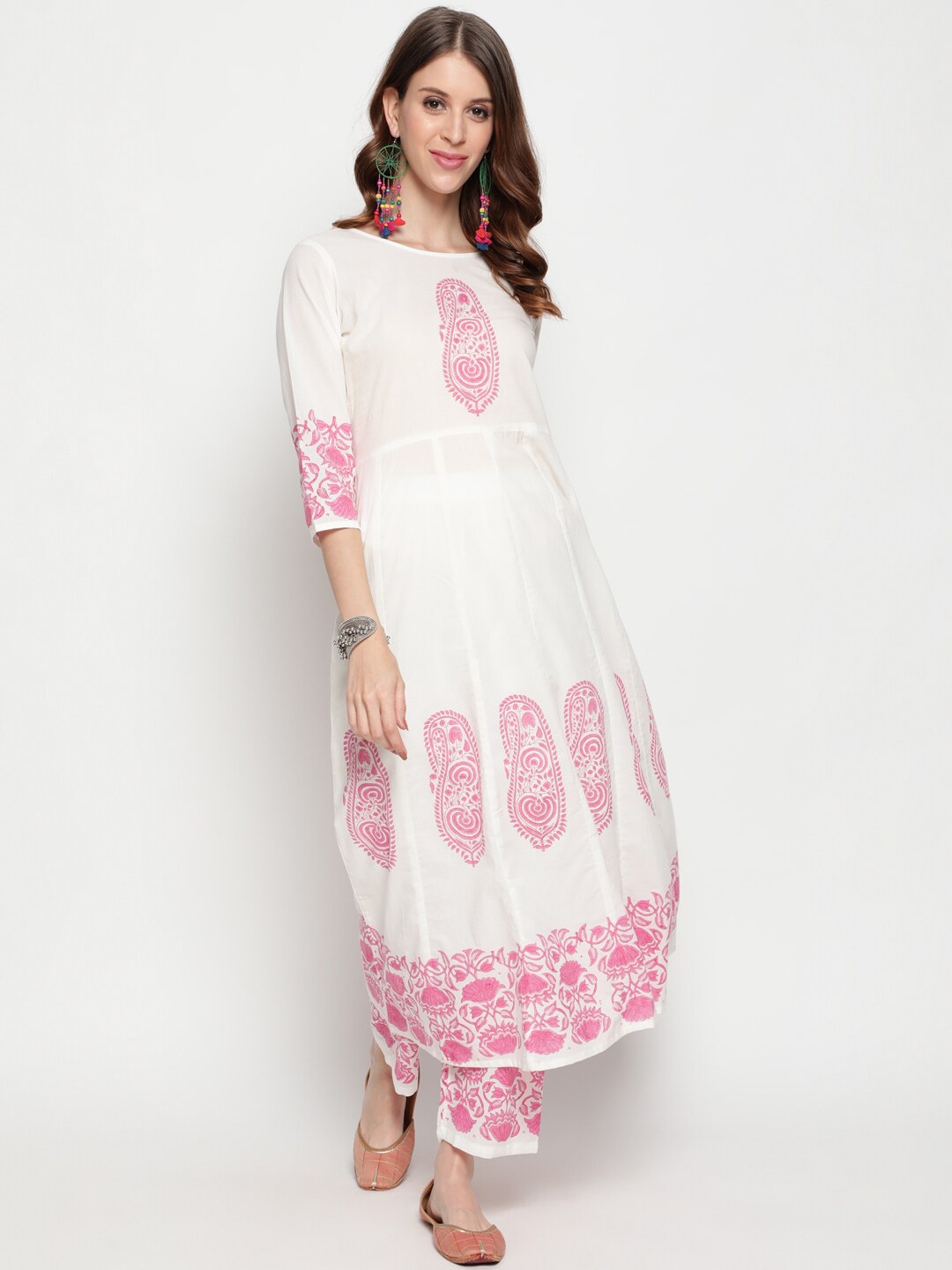 

THE NKS PLUS Women White Ethnic Motifs Embroidered Angrakha Pure Cotton Kurta with Trousers