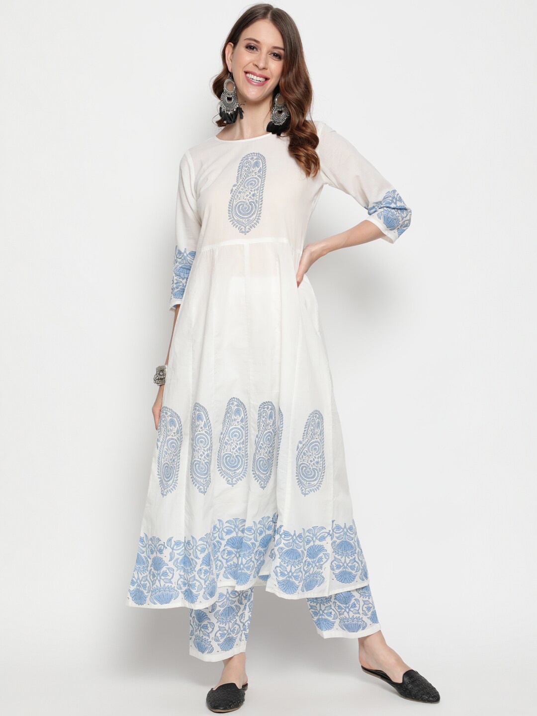 

THE NKS PLUS Women White & Blue Printed Pure Cotton Anarkali Kurta with Trousers