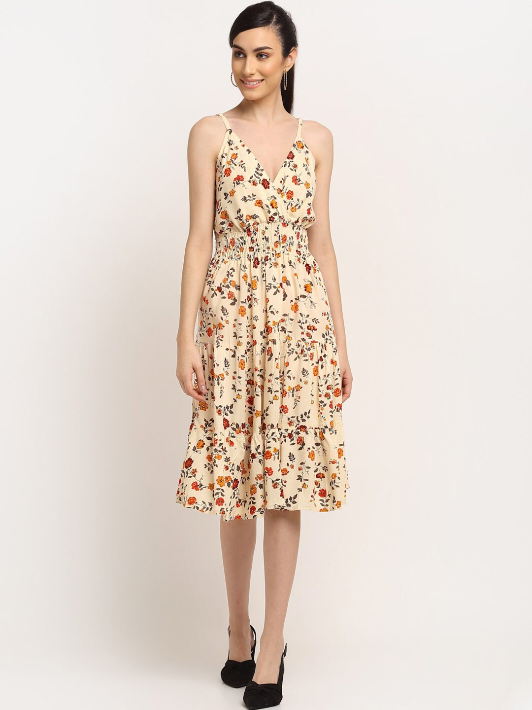 

Aawari Cream-Coloured & Red Floral A-Line Dress