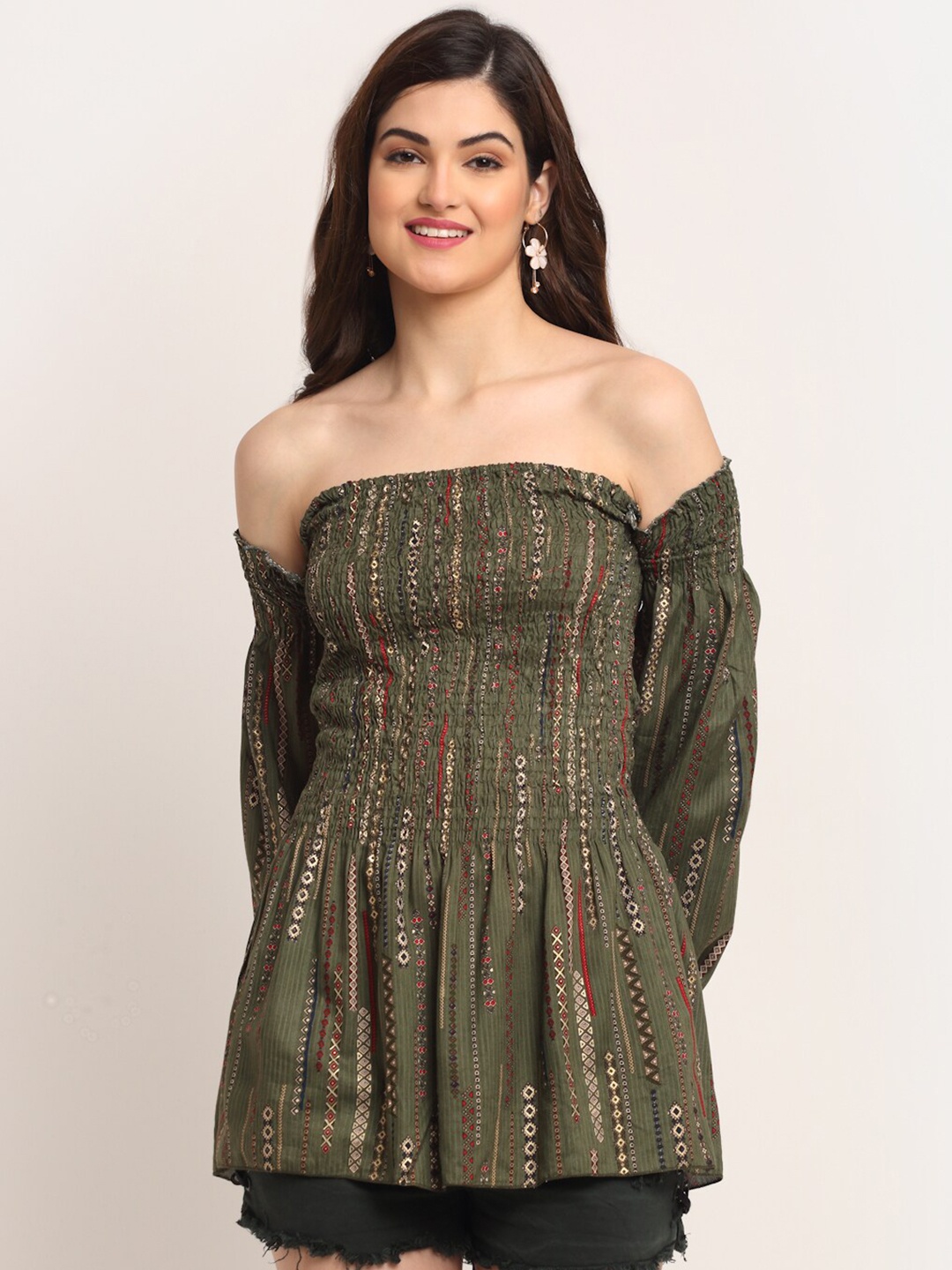 

Aawari Green Foil Printed Off-Shoulder Bardot Top