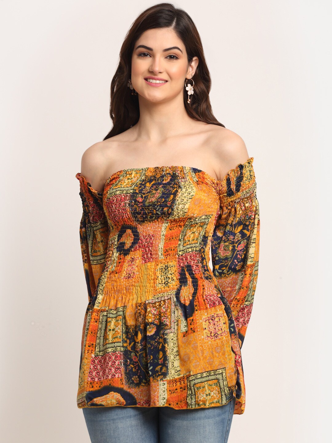 

Aawari Multicoloured Printed Off-Shoulder Bardot Top, Multi
