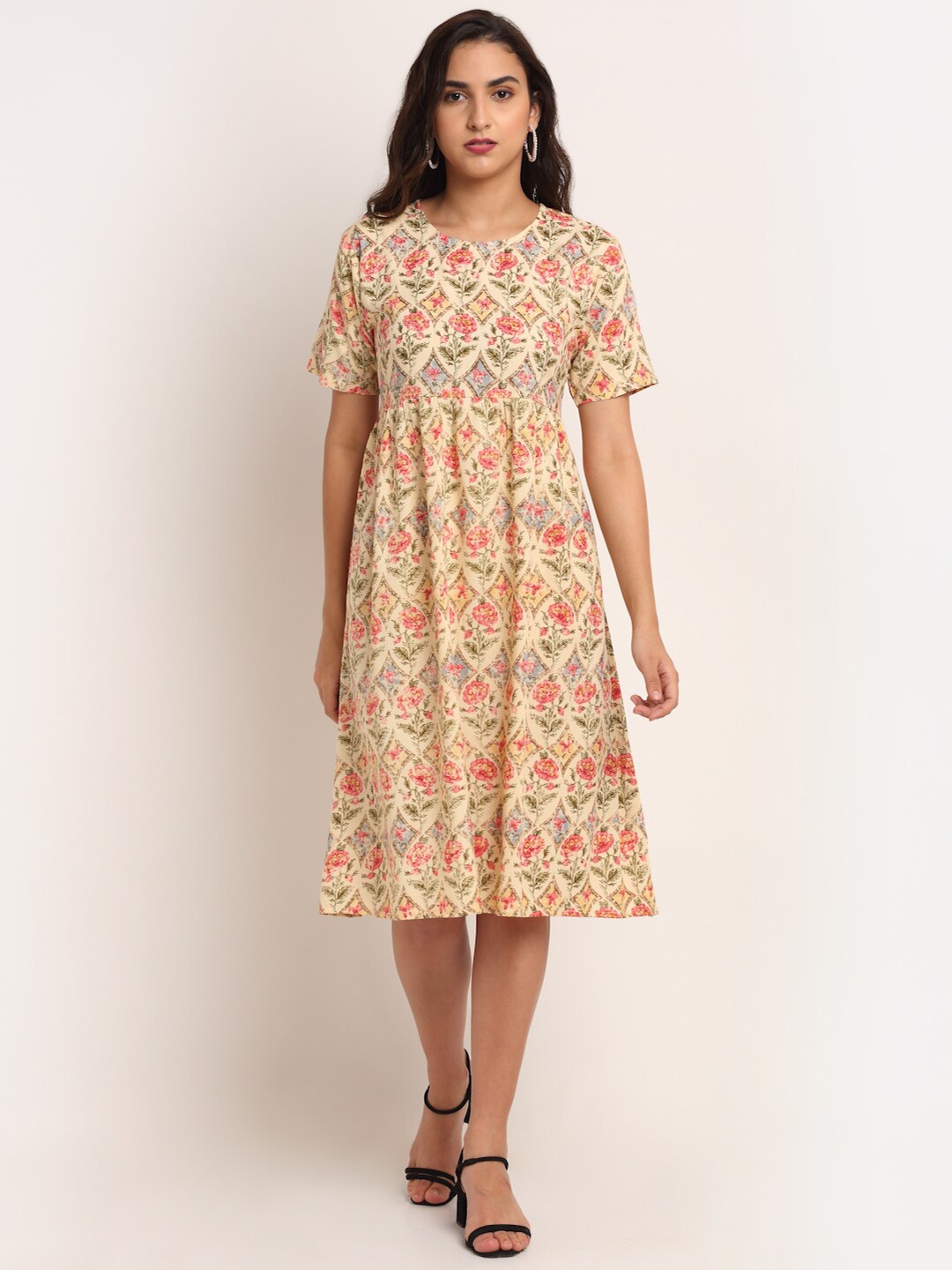 

Aawari Cream-Coloured & Pink Ethnic Motifs A-Line Dress