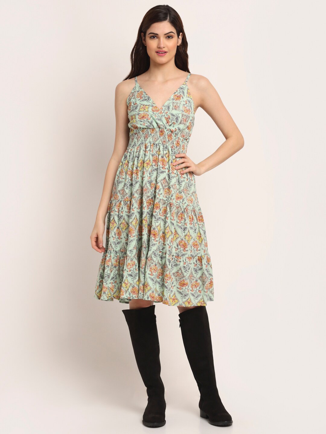 

Aawari Green Floral Print Empire Longline Top