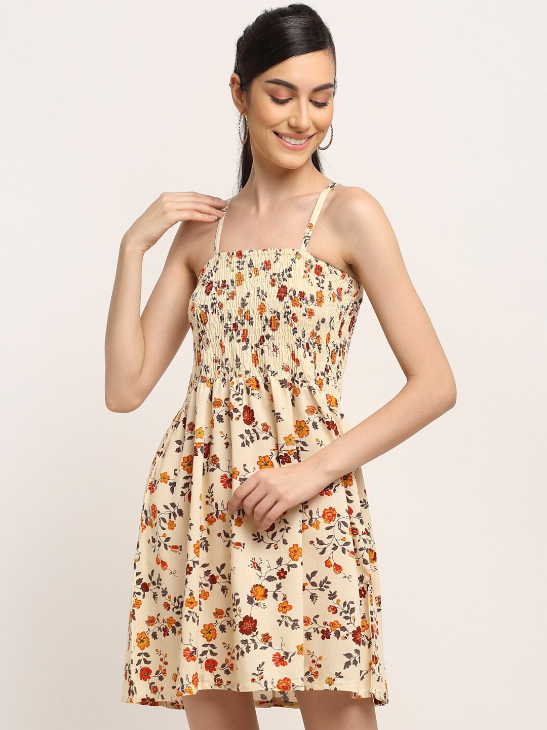 

Aawari Cream-Coloured Floral Printed Empire Longline Top