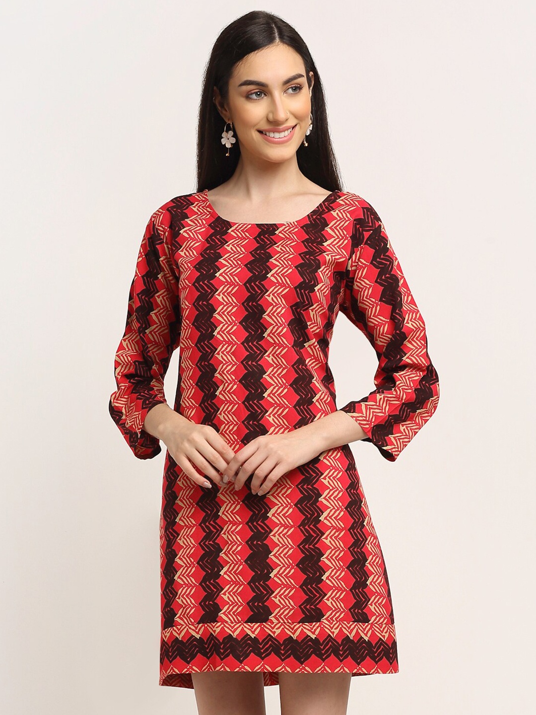 

Aawari Pink & Black Chevron Printed A-Line Dress