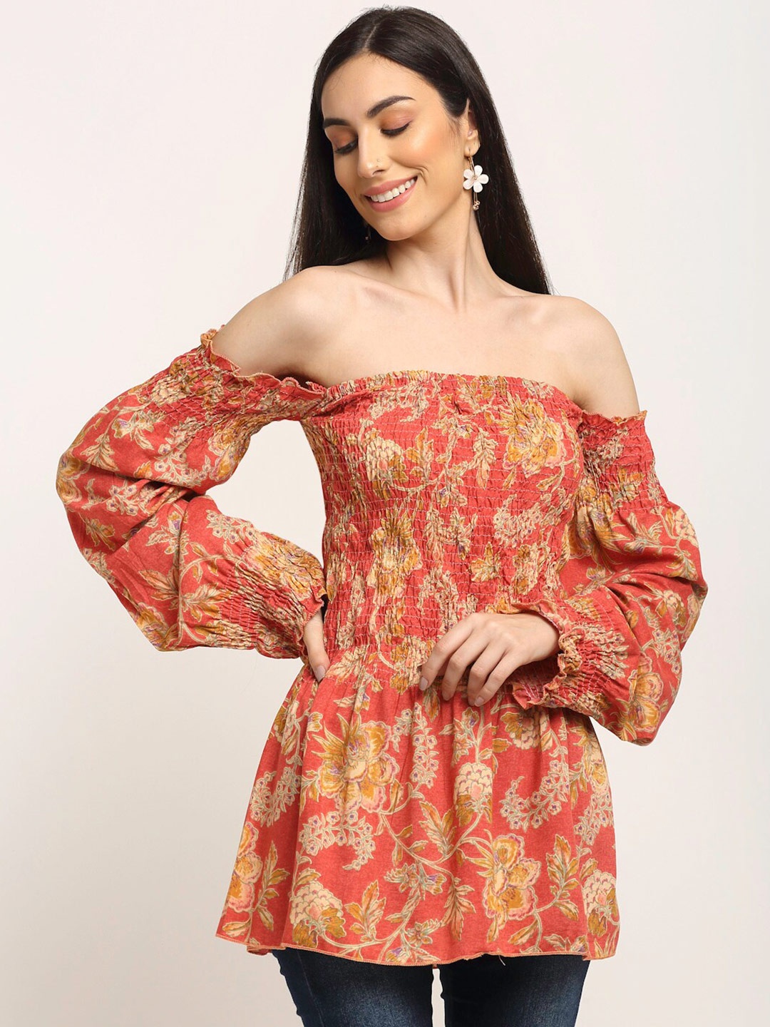 

Aawari Red & Mustard Yellow Floral Print Off-Shoulder Bardot Top