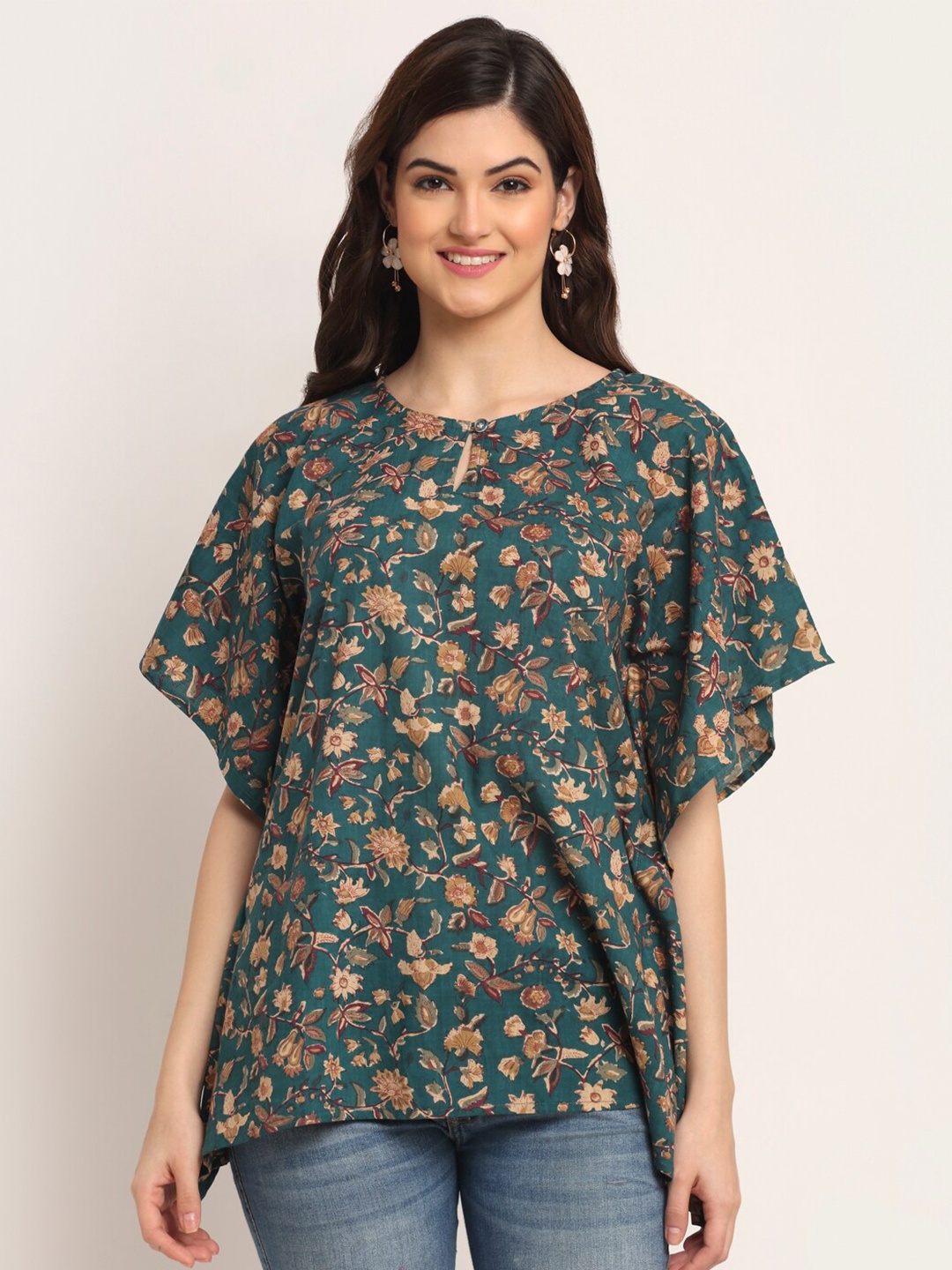 

Aawari Women Green Floral Print Keyhole Neck Kaftan Top