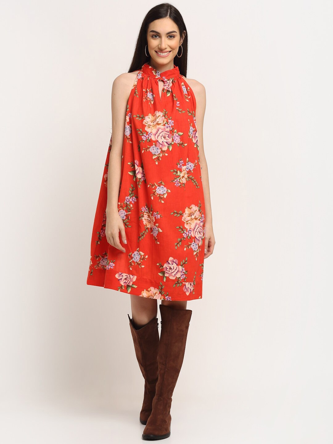 

Aawari Red Floral Tie-Up Neck A-Line Dress