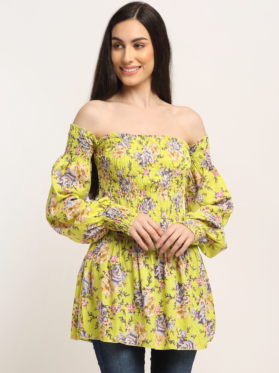 

Aawari Women Green Floral Print Off-Shoulder Bardot Longline Top