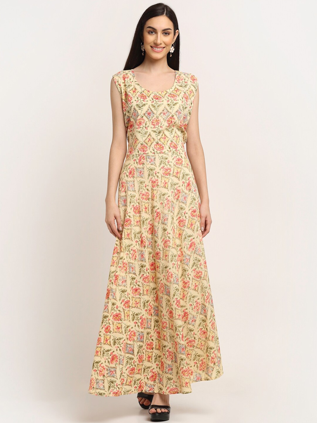 

Aawari Cream-Coloured & Pink Floral Round Neck Maxi Dress