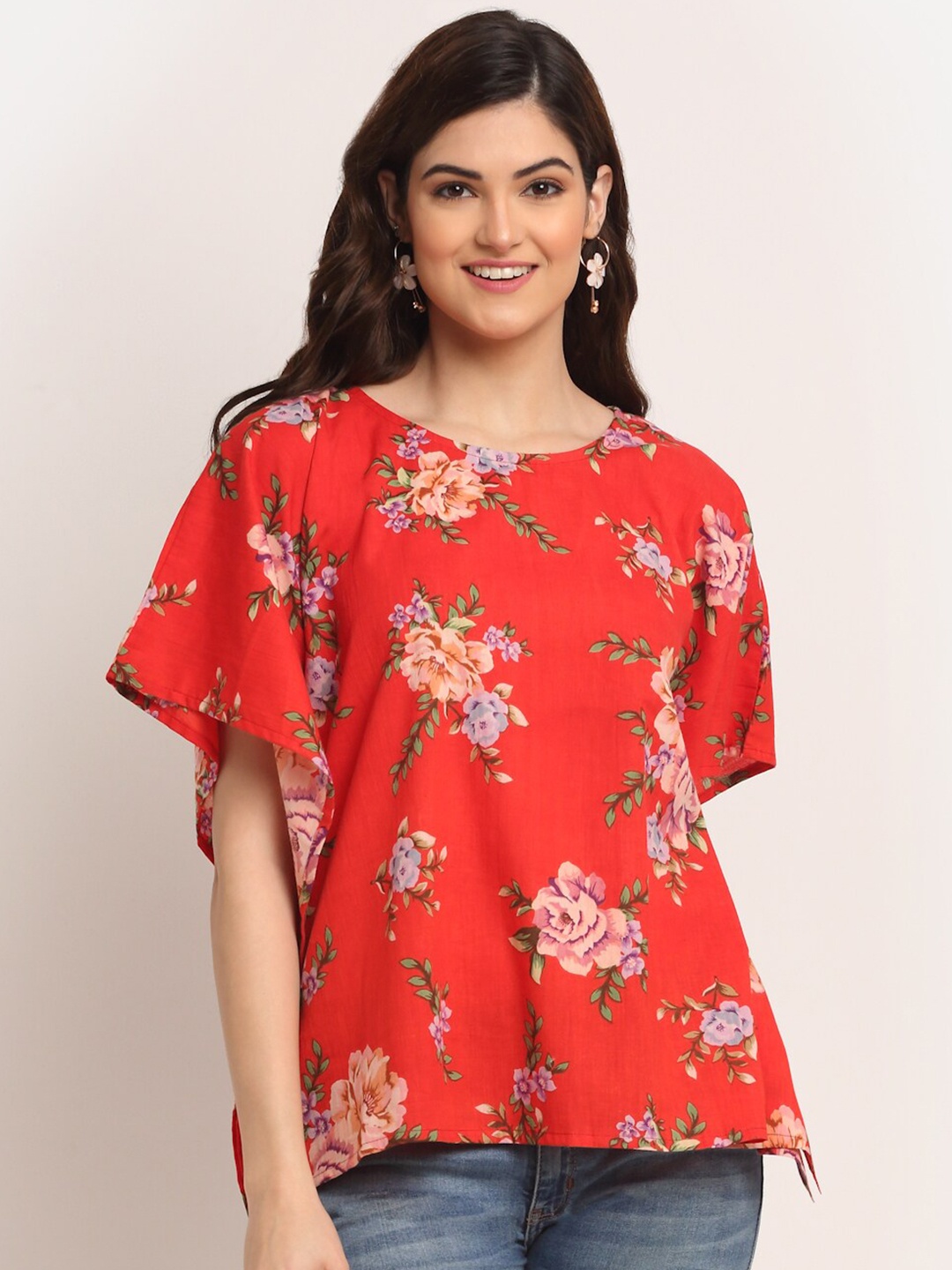 

Aawari Red Floral Print V- Neck Flared Sleeved Top