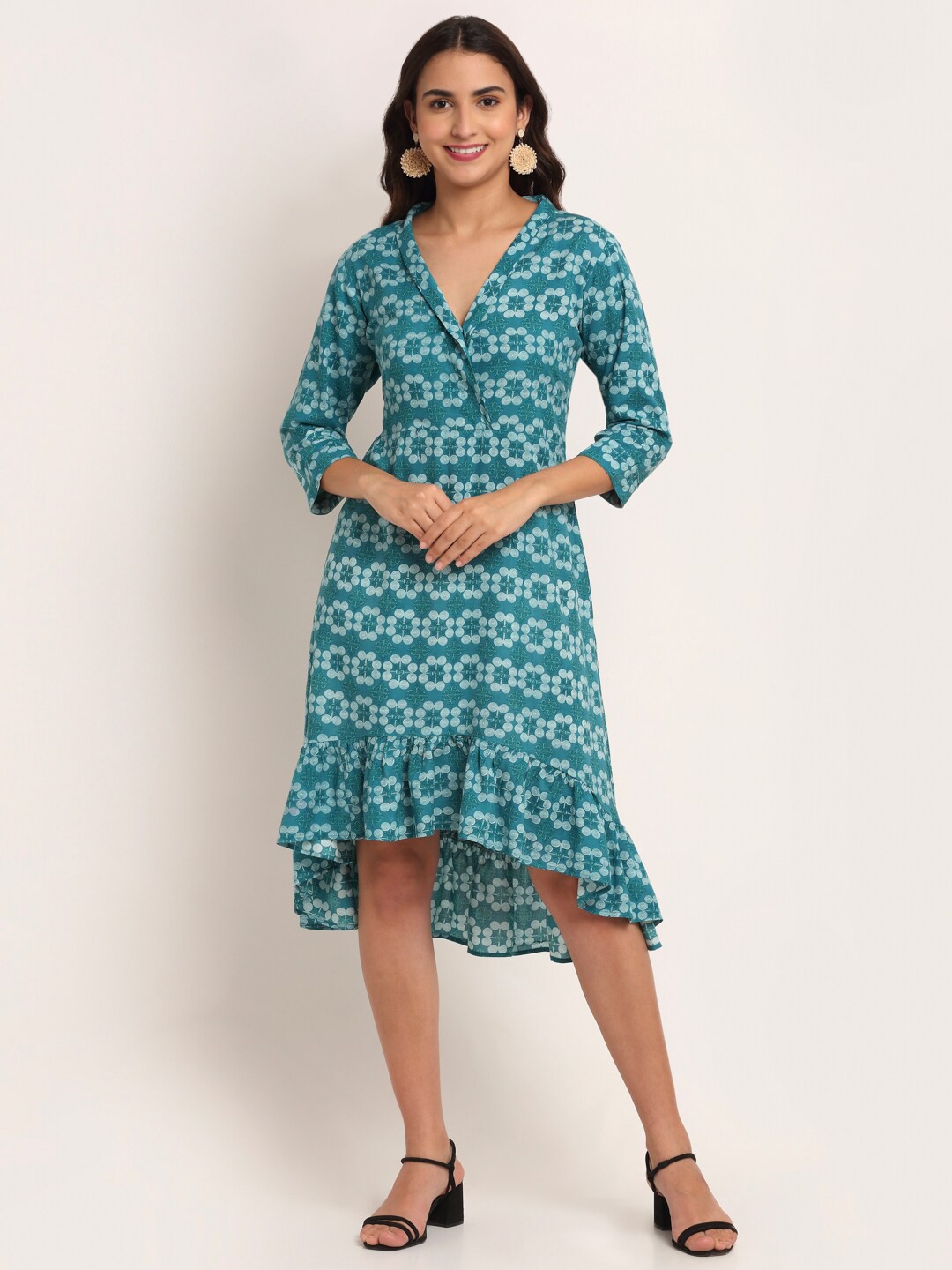 

Aawari Blue & White Floral V-neck A-Line Dress