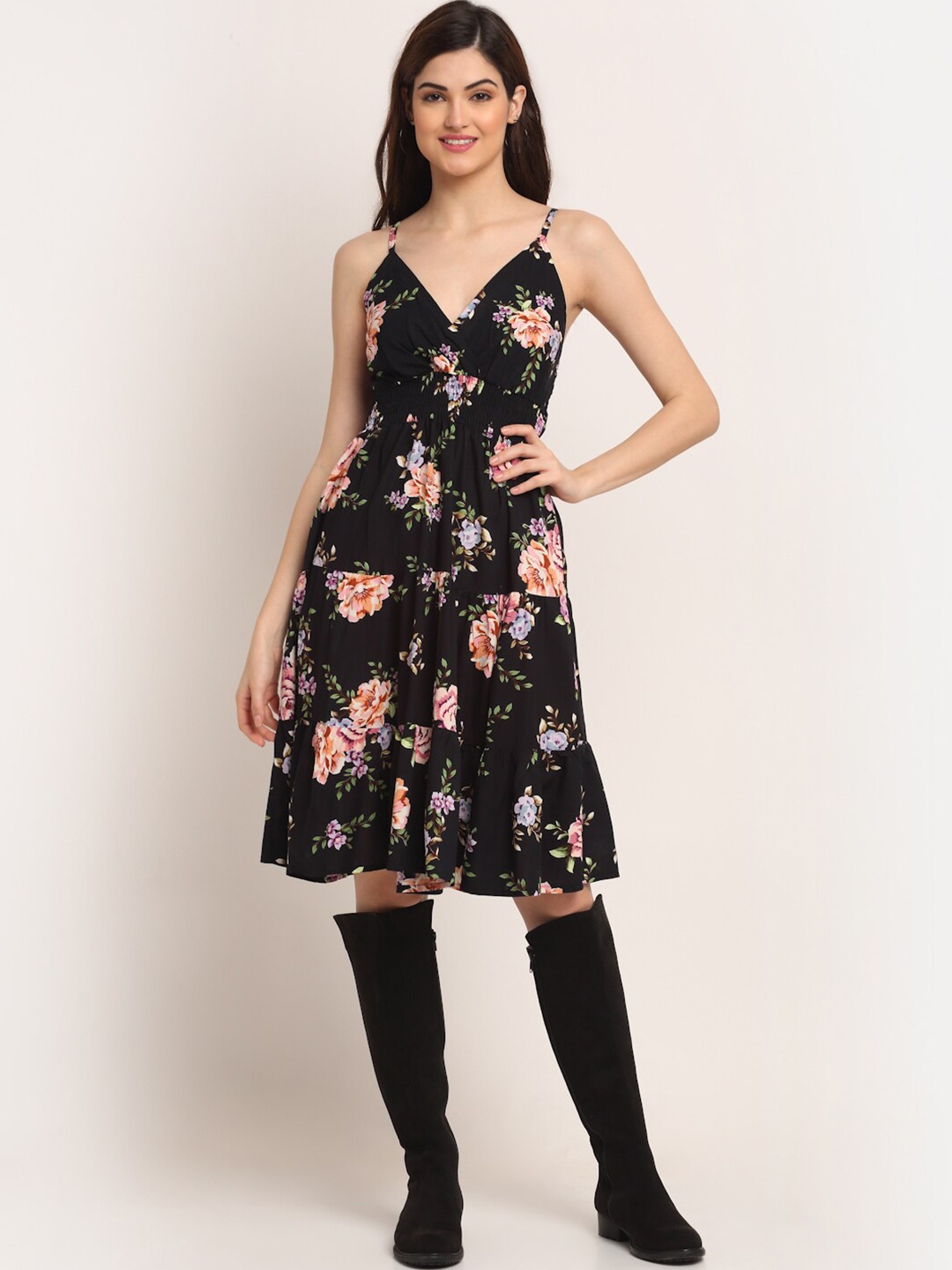 

Aawari Black Floral Print Empire Longline Top