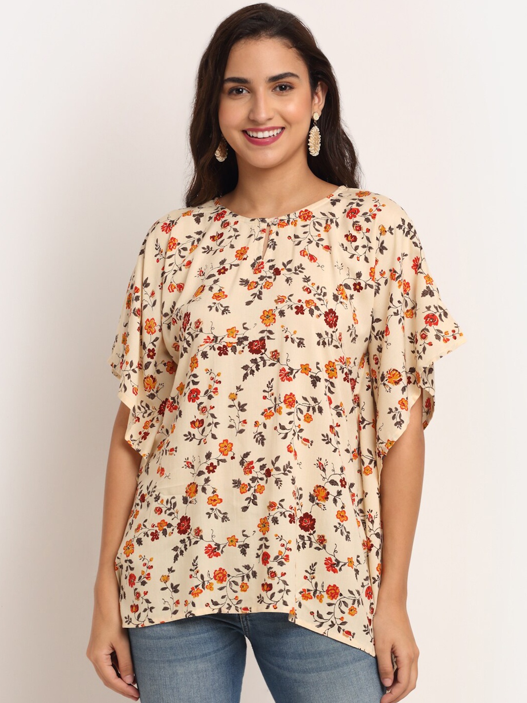 

Aawari Cream-Coloured & Red Floral Print Keyhole Neck Top