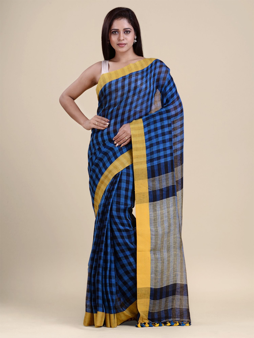 

Charukriti Blue & Yellow Checked Pure Linen Saree