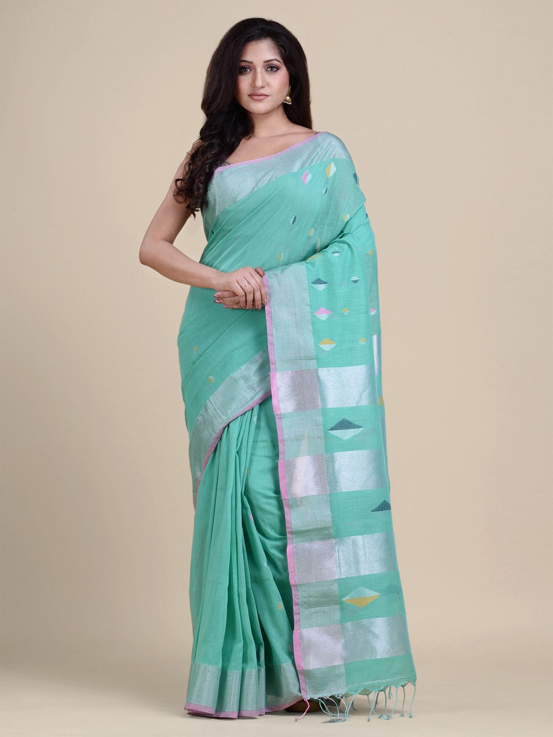 

Charukriti Blue & Silver-Toned Woven Design Zari Pure Cotton Saree